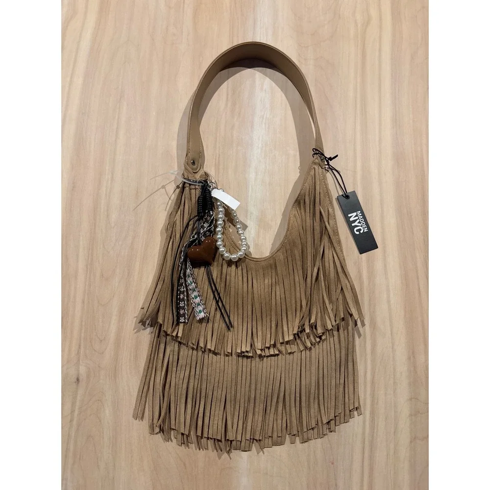 Madden NYC Faux Suede Fringe Hobo Bag Tan Boho Western Heart Pearl Charm